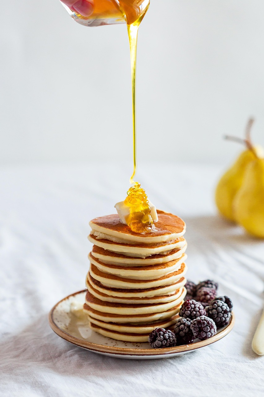 pancakes, honey, stack, stack of pancakes, pouring honey, blackberries, dish, plate, meal, breakfast plate, breakfast, food, tasty, calories, appetizing, food photography, pancakes, pancakes, pancakes, pancakes, pancakes, honey, honey, honey, honey, breakfast